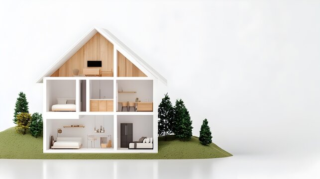 A comprehensive cross section view showcasing the intricate interior layout and design elements of a modern multi story residential home  The detailed diagram highlights the various rooms furniture