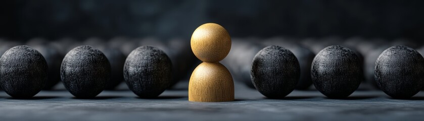 A golden figure stands out among dark spheres, symbolizing uniqueness and individuality against a contrasting background.