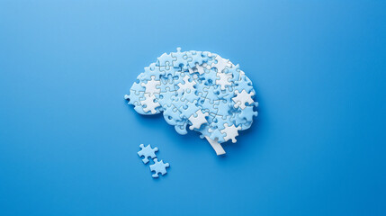 puzzle pieces arranged in the shape of human brain against a plain blue background, concept of brain storming critical thinking mental health 