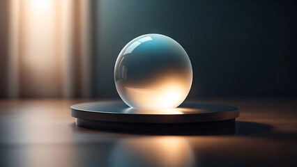 A glass sphere rests on a clay plate, reflecting light, wooden surface.