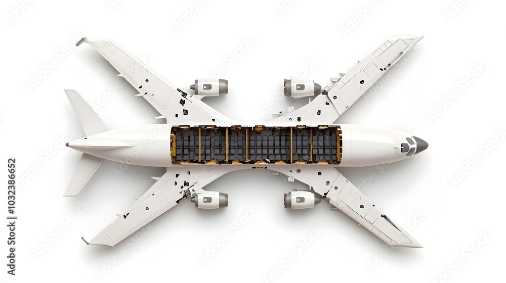 Poster detailed cross sectional diagram of a commercial passenger airplane displaying the seating arrangeme