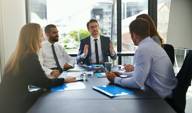 Finance, investor or business people in meeting with group for feedback and discussion or teamwork. Corporate review, financial or professional colleagues talking for news, advice and planning online