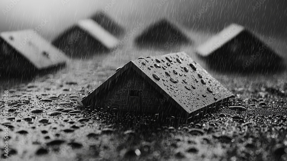 Poster a minimalist black and white image featuring geometric shapes on a wet surface, with raindrops creat