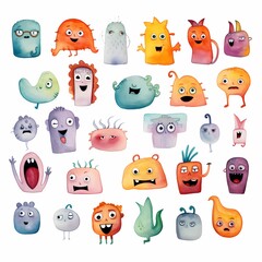 The watercolor illustration depicts various colorful hearts and round faces expressing a wide range of emotions