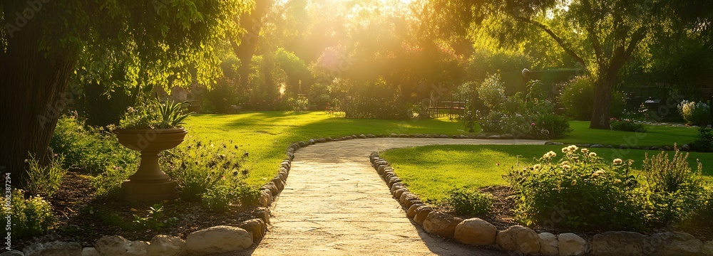 Poster 129. a serene garden setting with gentle sunlight, ready for displaying an item