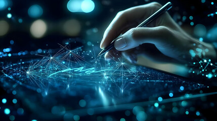 Hand Draws A Digital Signature On A Tablet Using A Stylus With A Network Glowing Behind