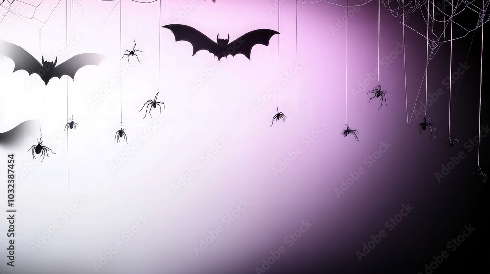 Poster black 3d bats and spiders hanging from thin threads, gently swaying against a soft gradient backgrou