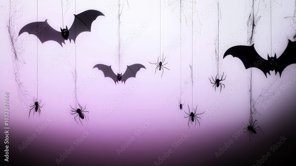 Poster black 3d bats and spiders hanging on delicate threads against a soft purple, white, and black gradie