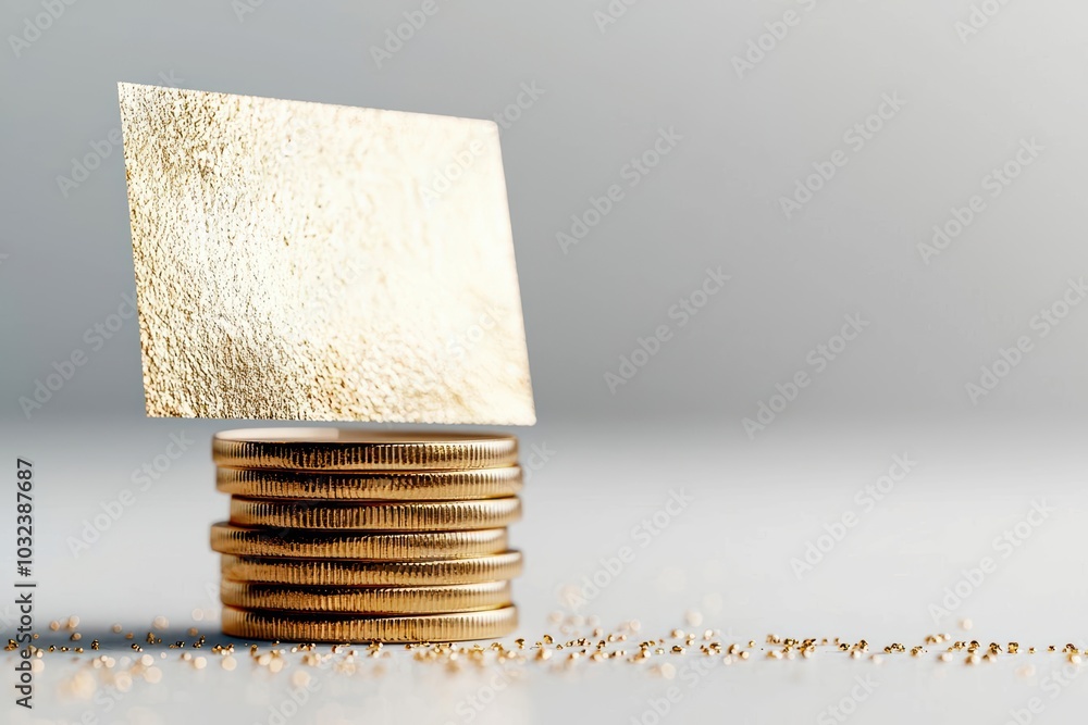 Poster stack of coins with a blank card, isolated on a soft background, highlighting financial concepts.