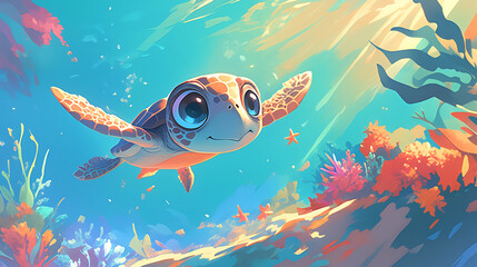 A cheerful illustration of an adorable turtle swimming in a vibrant underwater scene filled with colorful corals, fish, and bubbles