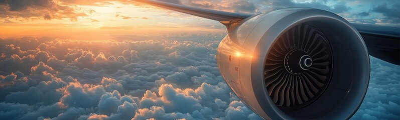 Jet engine that is flying above the clouds