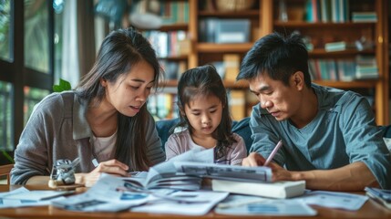 Obraz premium Asian family feeling the impact of rising living expenses, with bills and debt piling up