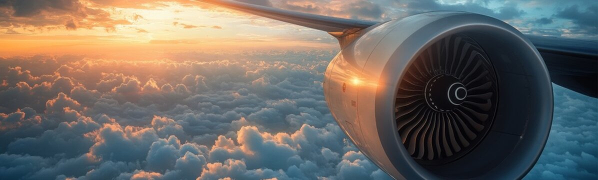 Jet engine that is flying above the clouds