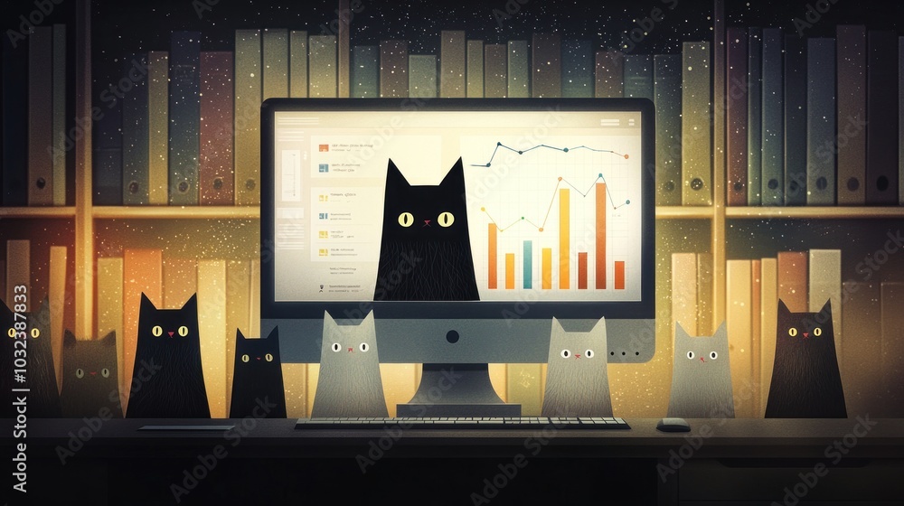 Poster whimsical digital workspace featuring cat characters engaging with data visualizations on computer s