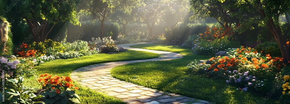 Poster 129. a serene garden setting with gentle sunlight, ready for displaying an item