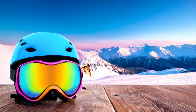 Skihelm auf Tisch, Bergpanorama 