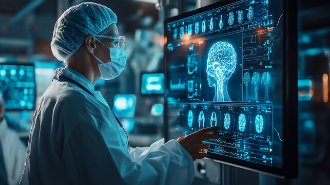 A doctor wearing a mask and headscarf is analyzing patient data on a monitor screen in blurred background.