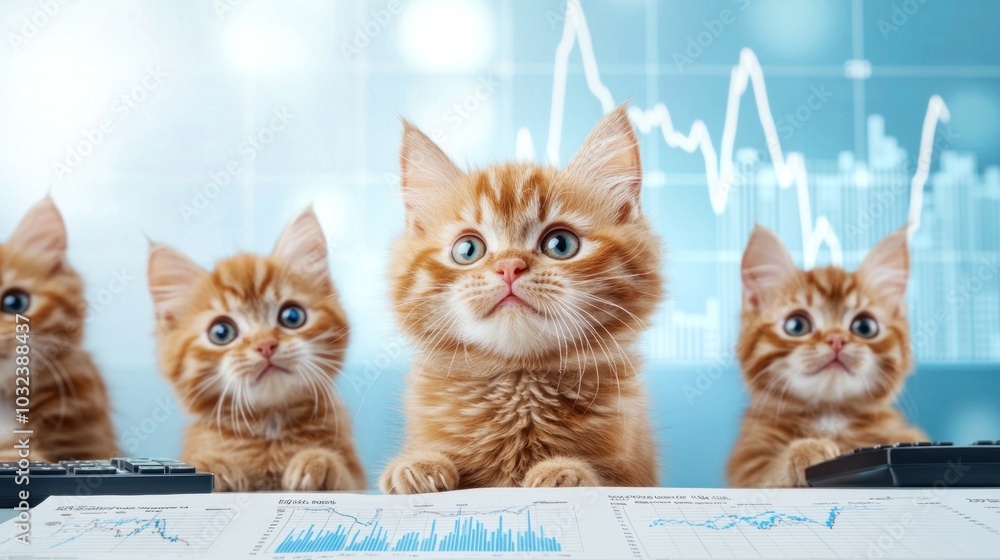 Poster curious kittens analyzing data trends a playful perspective on business with adorable felines in the