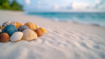 Obraz premium Serene tropical beach with powdery white sand colorful seashells scattered along the shore and a hazy cinematic medium format film like backdrop evoking a sense of tranquility and relaxation