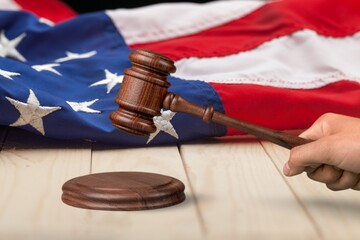 Legal law concept, wooden gavel with US flag