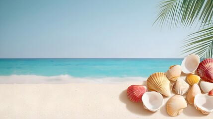 Serene tropical beach with soft powdery sand littered with colorful seashells turquoise ocean and swaying palm tree silhouettes under calming morning light   idyllic seaside getaway landscape
