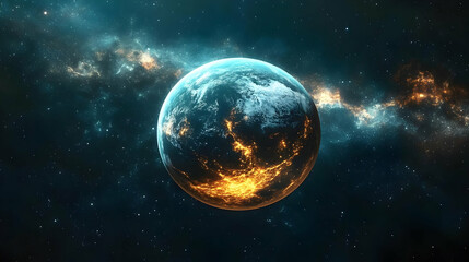 Obraz premium A vibrant blue and orange planet glows in the vast expanse of space.