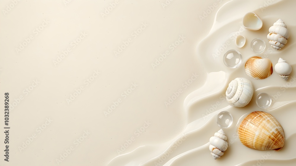 Poster tranquil seaside scene featuring a gentle shoreline fine sand a scattering of delicate seashells and