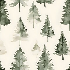 Obraz premium Elegant and serene seamless pattern with muted watercolor evergreen trees in minimalist shapes and soothing green tones on a soft beige background