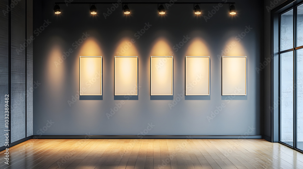 Poster empty modern gallery wall with spotlights for art display. 3d rendering