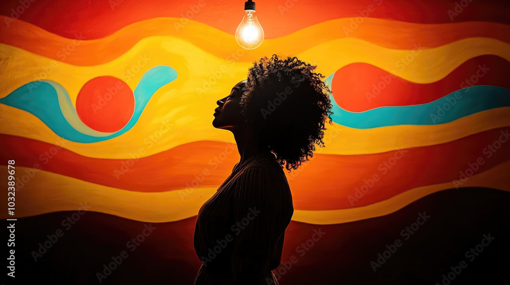 Poster a woman stands in profile, illuminated by a light bulb, in front of a colorful mural with flowing pa