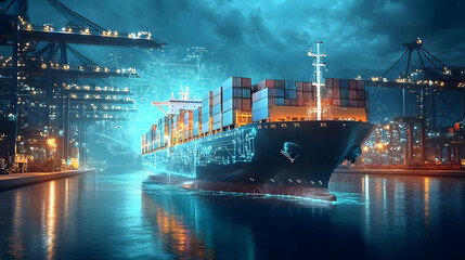 Obraz premium Cargo Ship with Digital Overlay Navigates a Busy Harbor at Night