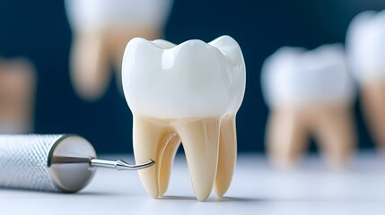 Close observation and technical of dental anatomy and medical instruments on a plain white surface providing an educational and scientific reference for medical studies and procedures