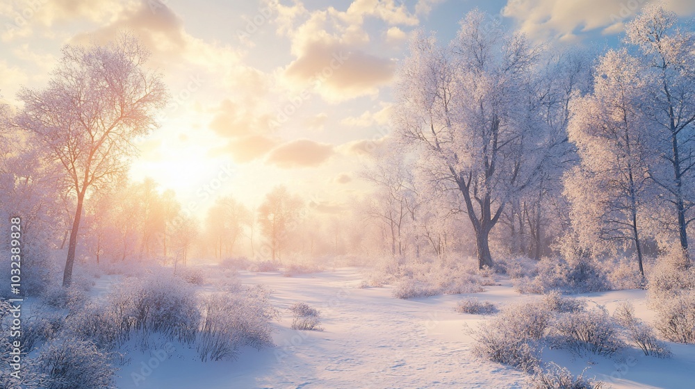 Poster sun beams through a snow-covered forest with frosted trees and a pathway leading into the distance.