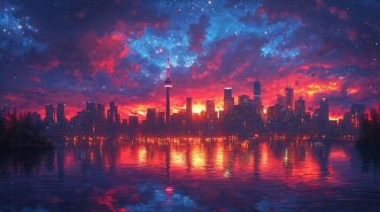 Fototapeta premium A vibrant cityscape with a stunning sunset over the water, showcasing a skyline with tall buildings.