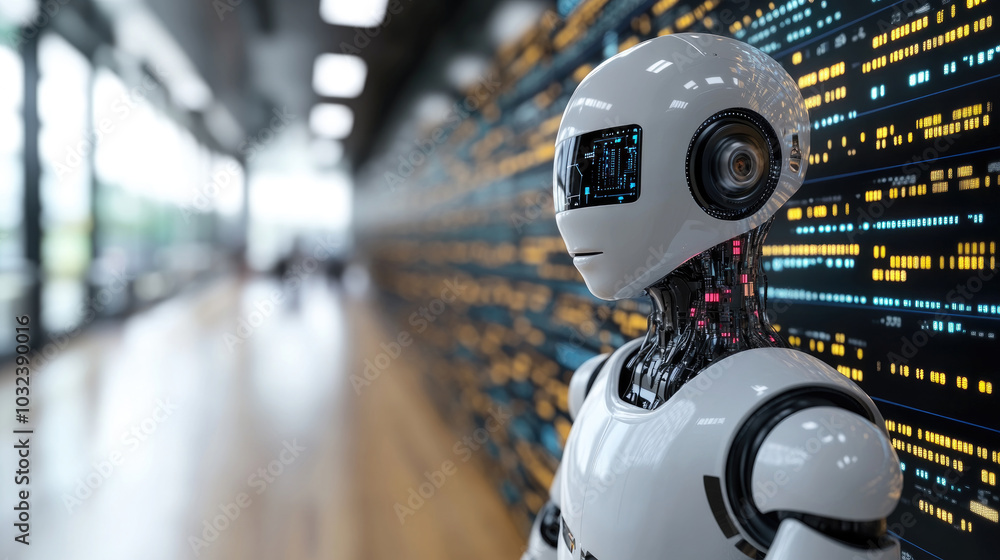 Poster a humanoid robot with sleek design and glowing circuits is positioned in a contemporary data center,