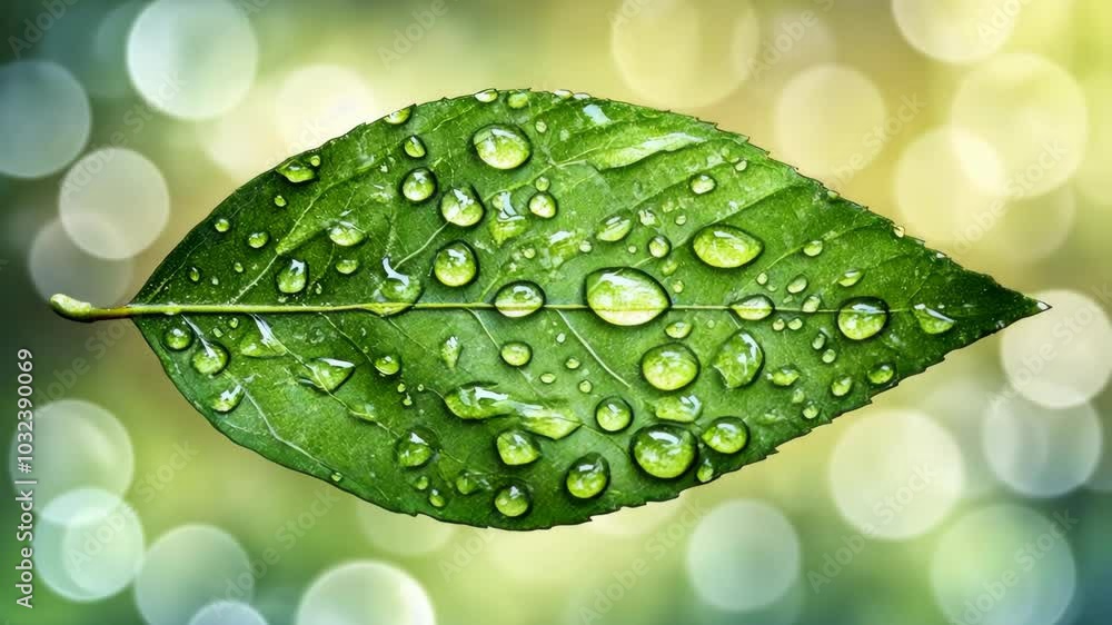 Poster a single green leaf with many water droplets sits in the middle of a bokeh background
