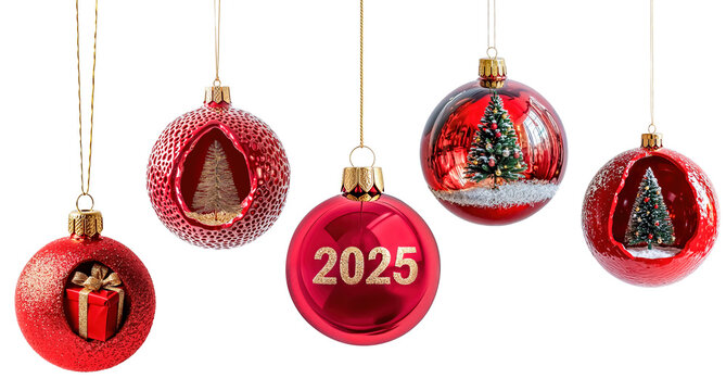 set de boules de No&euml;l rouges, avec sapins et cadeau, une avec le texte 2025 - isol&eacute;es sur fond blanc