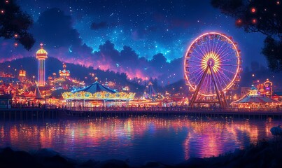 A vibrant carnival at night with a Ferris wheel, a carousel, and twinkling lights reflected in the water.