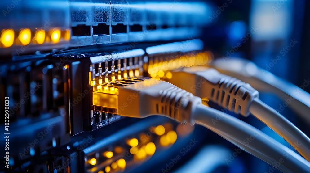 Poster close-up of ethernet cables connected to a network switch in a server room with glowing lights