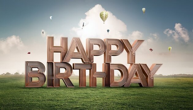 Render 3d em uma paisagem com letras em madeira escrito "Happy Birthday"