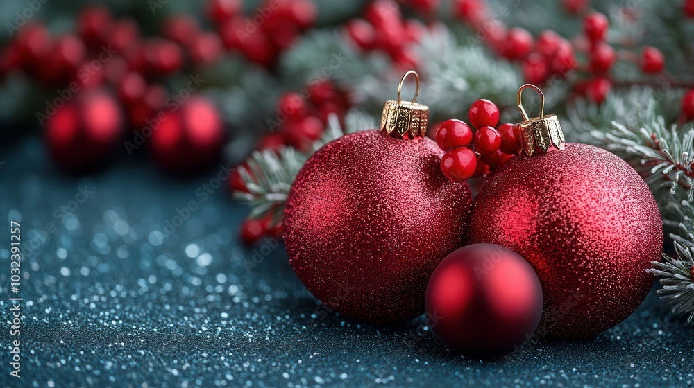 Wall mural bright red ornaments with a sparkling finish sit alongside clusters of berries against a blue backdr