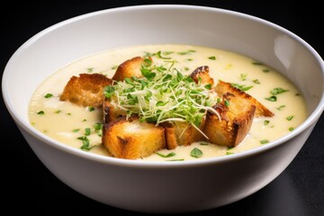 A bowl of thick garlic soup with a generous layer of melted cheese, placed on a white surface with a scattering of croutons and herbs around