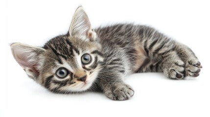 Obraz premium A cute tabby kitten lying on its belly with big, curious eyes looking up at the camera.