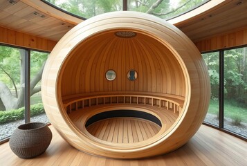 _ . Sauna Orb An orb-shaped sauna with a circular interior, crea