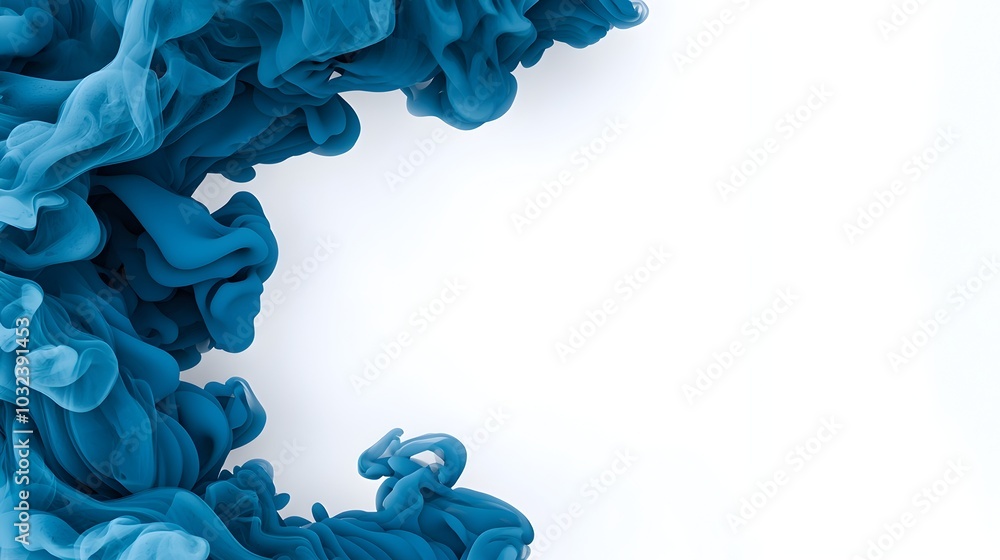 Poster Captivating azure smoke wisp border suspended against a clean white backdrop creating a transparent digital with a peaceful and modern aesthetic