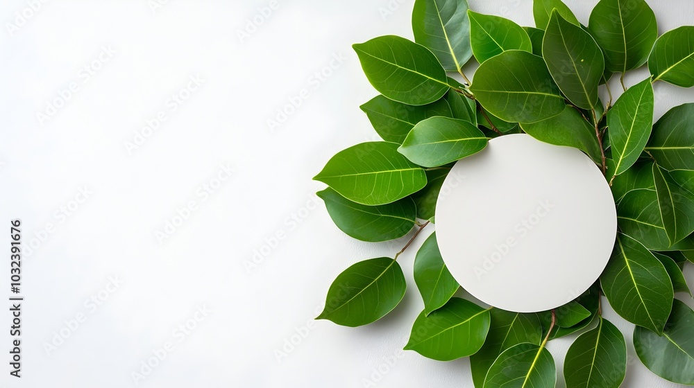 Fototapete graceful ficus benjamina houseplant leaves in a full frame circular arrangement with delicate hangin