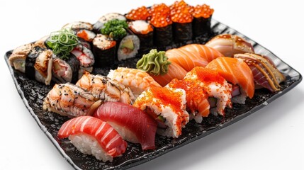 Artfully arranged sushi rolls and sashimi on a sleek black plate, set against a crisp white background
