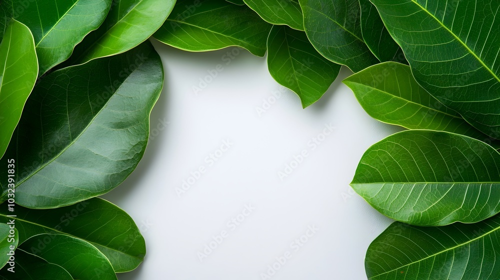 Poster lush verdant ficus benjamina leaves in a delicate elegant circular botanical composition framed with