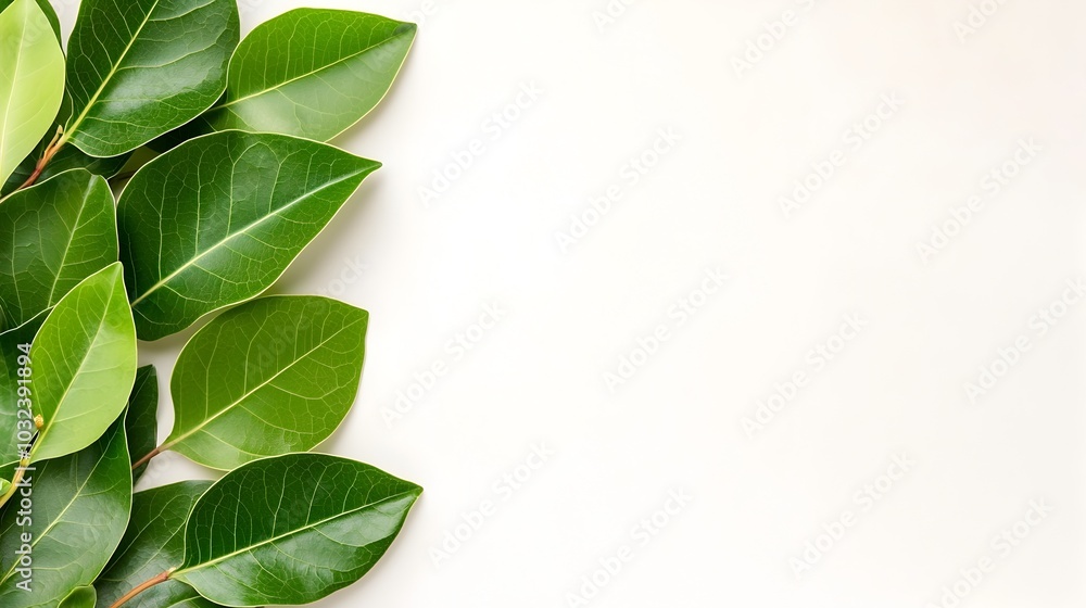 Poster lush green ficus benjamina leaves arranged in a delicate circular composition showcasing the natural