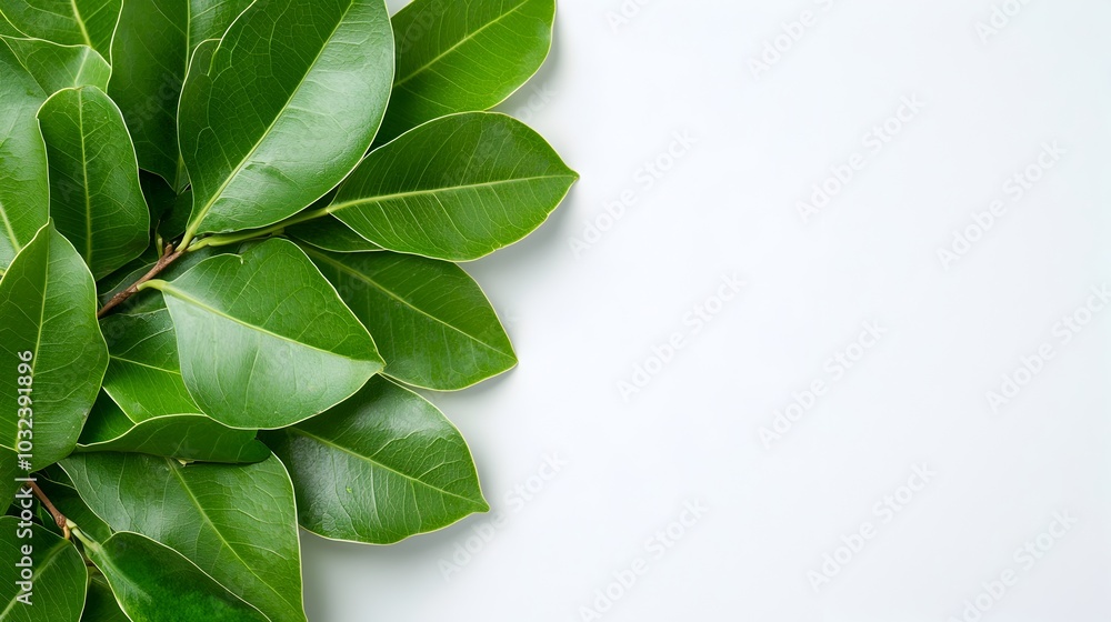Poster lush green ficus benjamina leaves in a delicate circular botanical composition isolated on a clean w